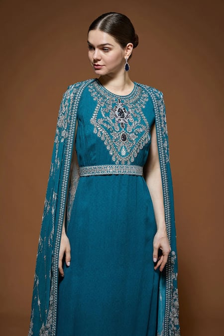 Nirraamyaa Teal Viscose Georgette Rhinestones Round Neck Blue Cape Kurta Set at Aza Fashions Nirraamyaa_Teal Viscose Georgette Rhinestones Round Neck Blue Cape Kurta Set _at_Aza_Fashions