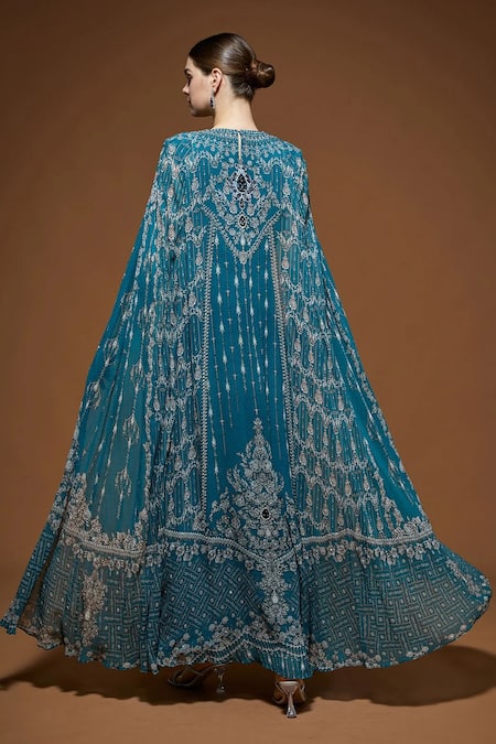 Shop Nirraamyaa Teal Viscose Georgette Rhinestones Round Neck Blue Cape Kurta Set at Aza Fashions Shop_Nirraamyaa_Teal Viscose Georgette Rhinestones Round Neck Blue Cape Kurta Set _at_Aza_Fashions