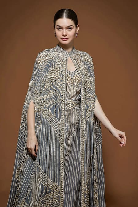 Nirraamyaa_Gray Bemberg, Crepe Rhinestones Keyhole Neck Designer Cape And Kurta Set _Online_at_Aza_Fashions