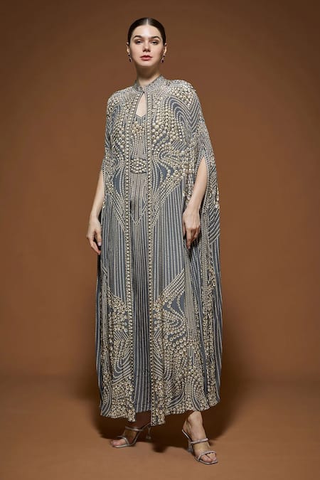 Buy_Nirraamyaa_Gray Bemberg, Crepe Rhinestones Keyhole Neck Designer Cape And Kurta Set _Online_at_Aza_Fashions