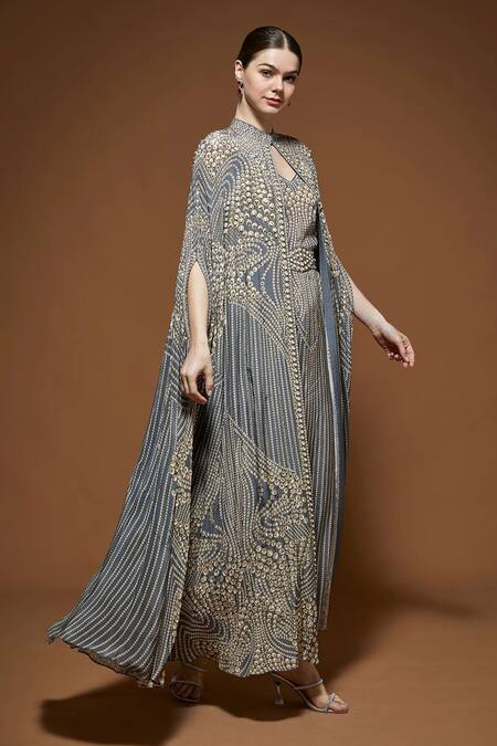 Shop_Nirraamyaa_Gray Bemberg, Crepe Rhinestones Keyhole Neck Designer Cape And Kurta Set _Online_at_Aza_Fashions