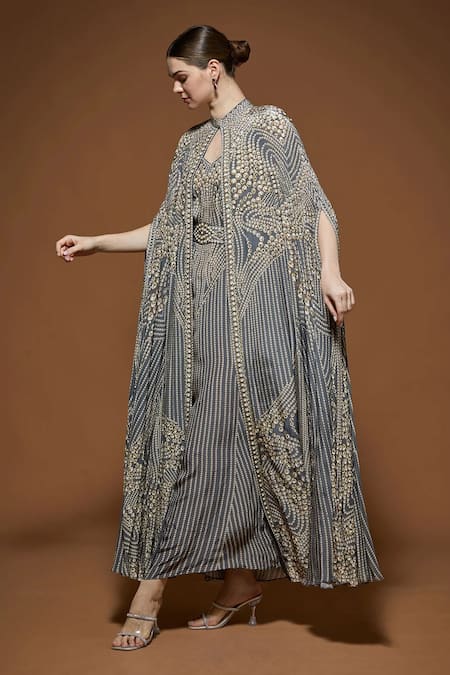 Nirraamyaa_Gray Bemberg, Crepe Rhinestones Keyhole Neck Designer Cape And Kurta Set _at_Aza_Fashions