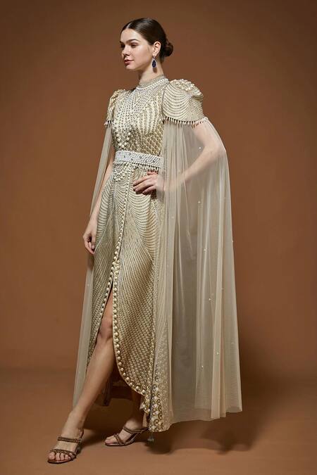 Nirraamyaa_Ivory Bemberg Rhinestones Round Neck Designer Embellished Dress _Online_at_Aza_Fashions