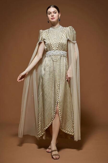 Nirraamyaa_Ivory Bemberg Rhinestones Round Neck Designer Embellished Dress _at_Aza_Fashions