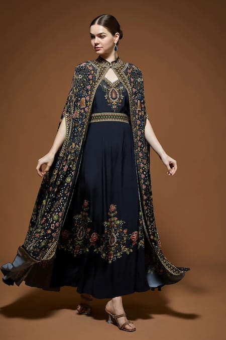 Nirraamyaa_Black Bemberg, Crepe Rhinestones, Embroidery Keyhole Detailed Cape And Kurta Set _Online_at_Aza_Fashions
