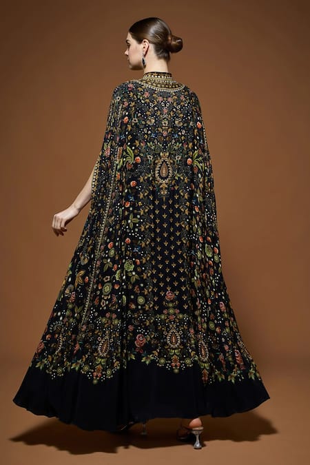 Nirraamyaa Black Rhinestone Detailed Cape & Kurta Set 