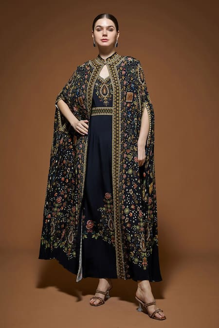 Nirraamyaa Black Bemberg, Crepe Rhinestones, Embroidery Keyhole Detailed Cape And Kurta Set 