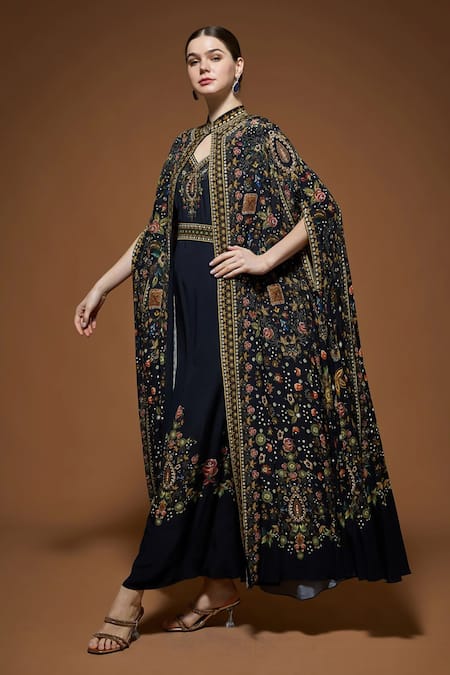 Buy_Nirraamyaa_Black Bemberg, Crepe Rhinestones, Embroidery Keyhole Detailed Cape And Kurta Set _Online_at_Aza_Fashions