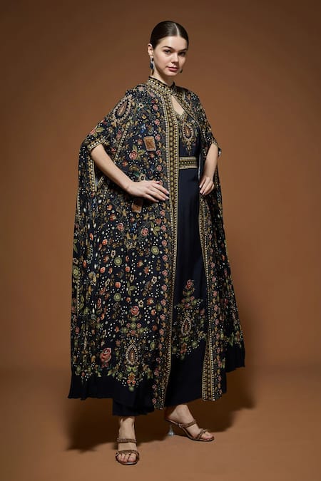 Shop_Nirraamyaa_Black Bemberg, Crepe Rhinestones, Embroidery Keyhole Detailed Cape And Kurta Set _Online_at_Aza_Fashions