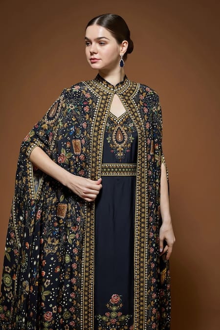 Nirraamyaa_Black Bemberg, Crepe Rhinestones, Embroidery Keyhole Detailed Cape And Kurta Set _at_Aza_Fashions