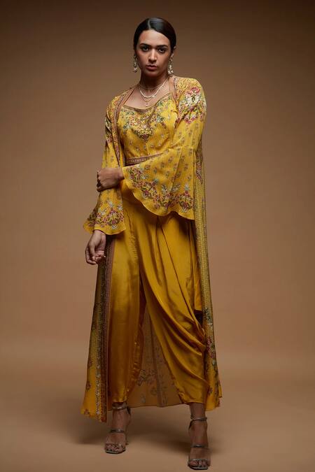 Nirraamyaa_Mustard Bemberg, Crepe Rhinestones Round Neck Embellished Jacket Set _Online_at_Aza_Fashions