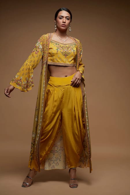 Shop_Nirraamyaa_Mustard Bemberg, Crepe Rhinestones Round Neck Embellished Jacket Set _Online_at_Aza_Fashions