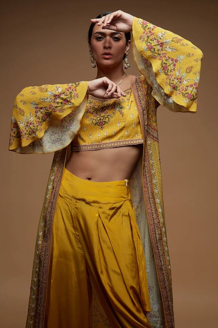 Nirraamyaa_Mustard Bemberg, Crepe Rhinestones Round Neck Embellished Jacket Set _at_Aza_Fashions