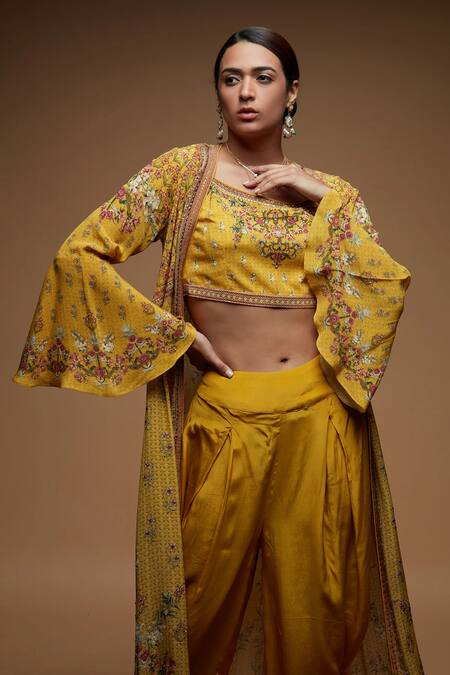 Buy_Nirraamyaa_Mustard Bemberg, Crepe Rhinestones Round Neck Embellished Jacket Set 