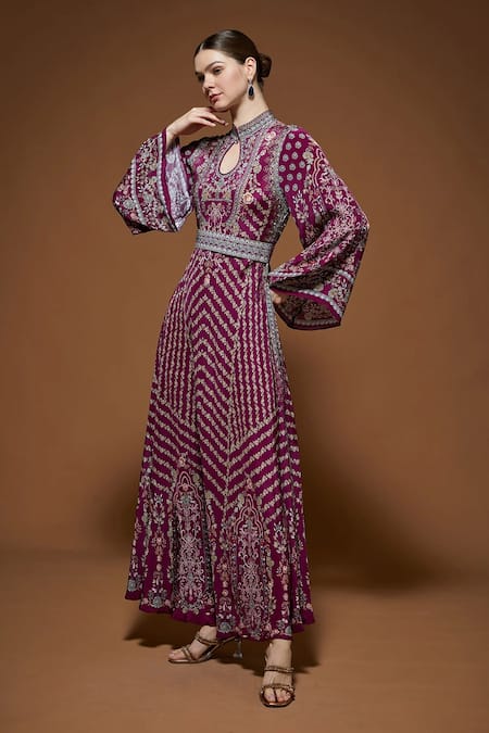 Nirraamyaa_Fuchsia Bemberg, Crepe Rhinestones Keyhole Neck Fuschia Work Tunic _Online_at_Aza_Fashions