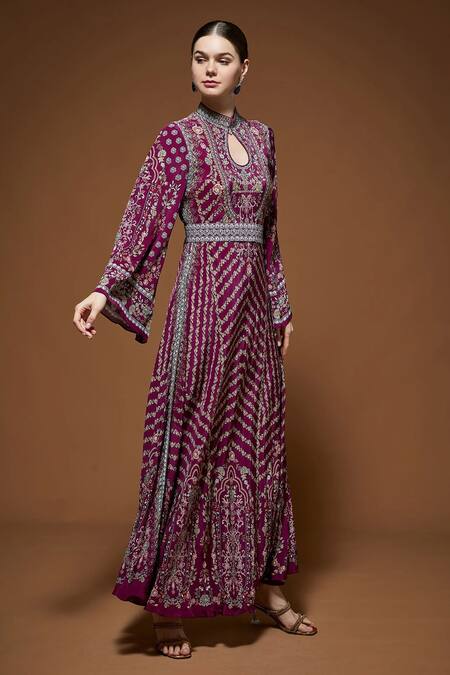 Buy_Nirraamyaa_Fuchsia Bemberg, Crepe Rhinestones Keyhole Neck Fuschia Work Tunic _Online_at_Aza_Fashions