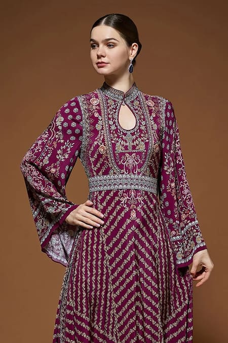 Shop_Nirraamyaa_Fuchsia Bemberg, Crepe Rhinestones Keyhole Neck Fuschia Work Tunic _Online_at_Aza_Fashions