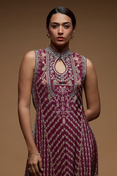 Nirraamyaa_Wine Bemberg, Crepe Keyhole Neck Rhinestone Embellished Tunic _Online_at_Aza_Fashions