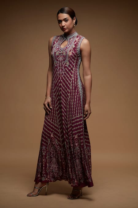 Shop_Nirraamyaa_Wine Bemberg, Crepe Keyhole Neck Rhinestone Embellished Tunic _Online_at_Aza_Fashions