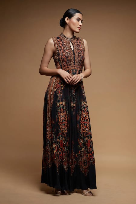 Nirraamyaa_Black Bemberg, Crepe Rhinestones Keyhole Neck Work Designer Tunic _Online_at_Aza_Fashions