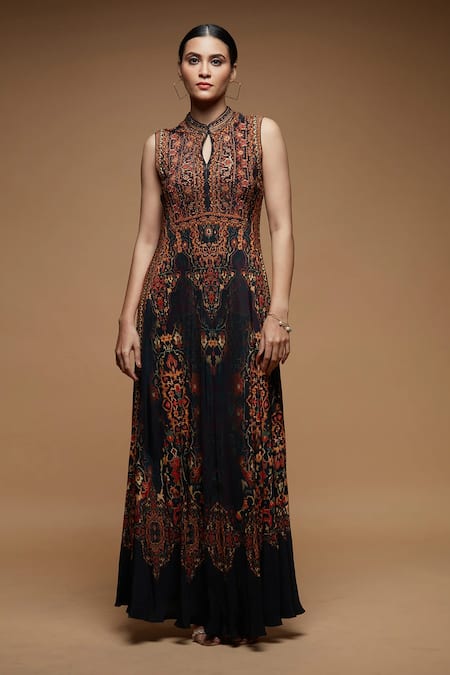 Buy_Nirraamyaa_Black Bemberg, Crepe Rhinestones Keyhole Neck Work Designer Tunic _Online_at_Aza_Fashions