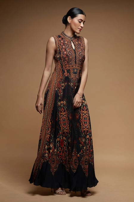 Shop_Nirraamyaa_Black Bemberg, Crepe Rhinestones Keyhole Neck Work Designer Tunic _Online_at_Aza_Fashions