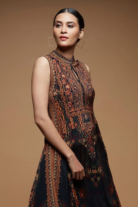 Nirraamyaa_Black Bemberg, Crepe Rhinestones Keyhole Neck Work Designer Tunic _at_Aza_Fashions