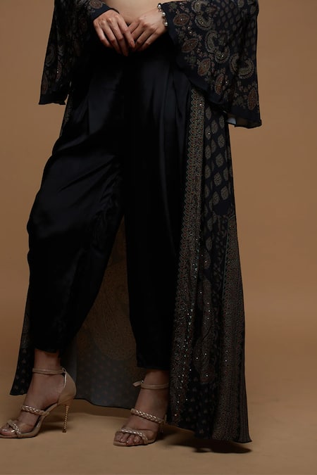 Nirraamyaa_Black Bemberg, Crepe Rhinestones Square , Round Designer Set With _Online_at_Aza_Fashions