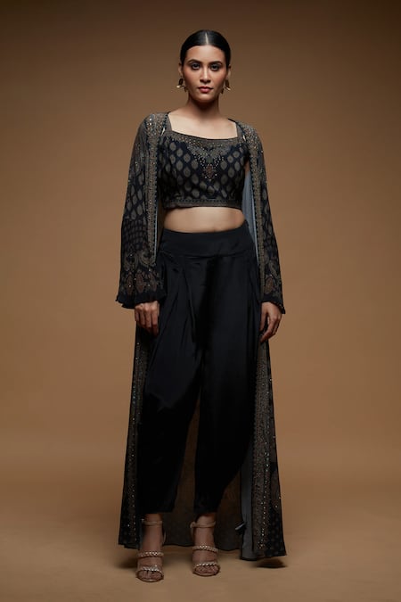 Buy_Nirraamyaa_Black Bemberg, Crepe Rhinestones Square , Round Designer Set With _Online_at_Aza_Fashions