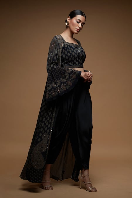 Shop_Nirraamyaa_Black Bemberg, Crepe Rhinestones Square , Round Designer Set With _Online_at_Aza_Fashions