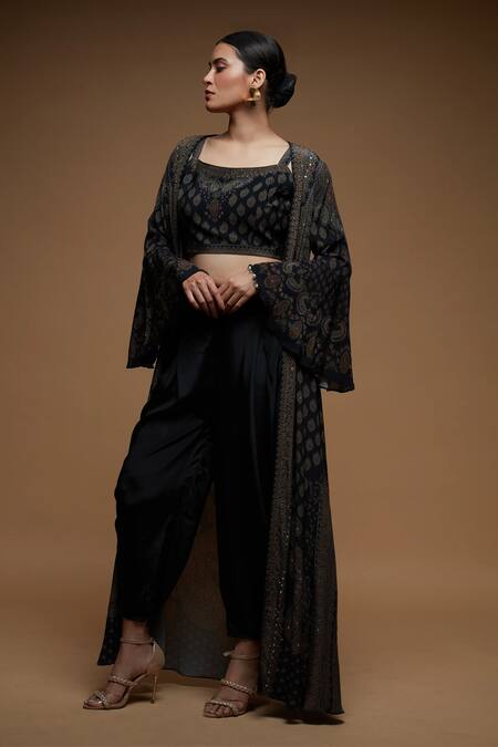 Nirraamyaa_Black Bemberg, Crepe Rhinestones Square , Round Designer Set With _at_Aza_Fashions