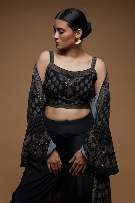 Buy_Nirraamyaa_Black Bemberg, Crepe Rhinestones Square , Round Designer Set With 