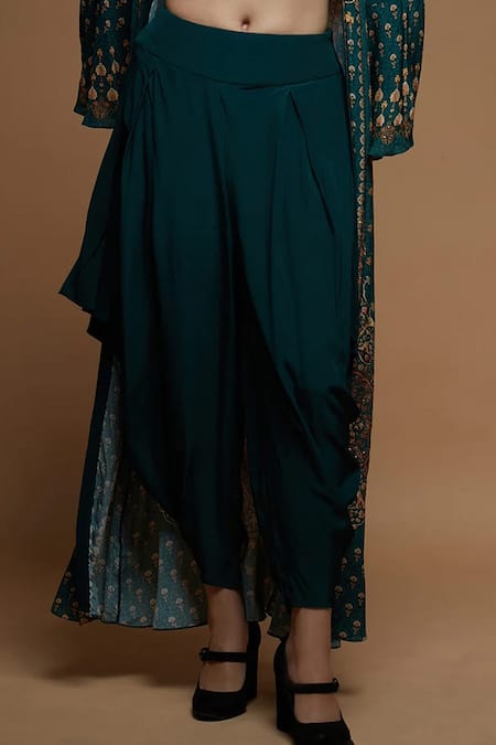 Nirraamyaa_Green Bemberg, Crepe Rhinestones Round Neck Teal Embellished Jacket Set _Online_at_Aza_Fashions