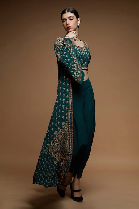 Nirraamyaa Teal Rhinestone Embellished Jacket Set 