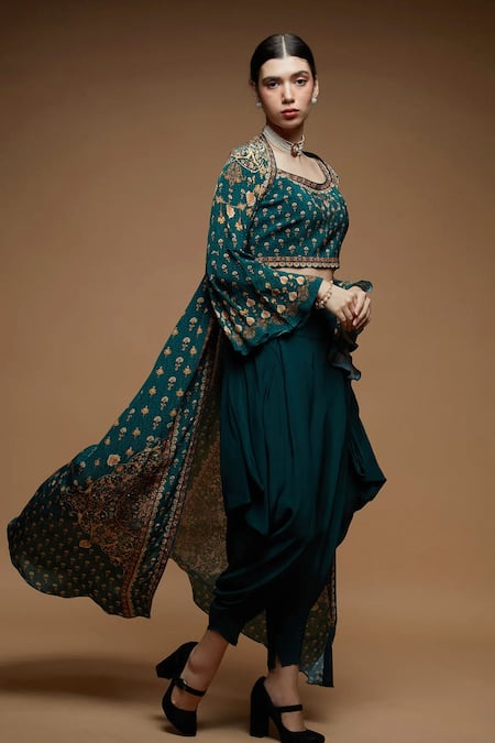 Buy_Nirraamyaa_Green Bemberg, Crepe Rhinestones Round Neck Teal Embellished Jacket Set _Online_at_Aza_Fashions