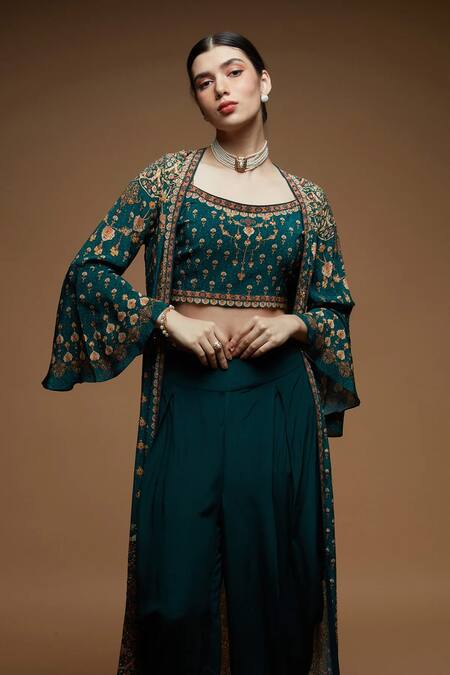 Shop_Nirraamyaa_Green Bemberg, Crepe Rhinestones Round Neck Teal Embellished Jacket Set _Online_at_Aza_Fashions
