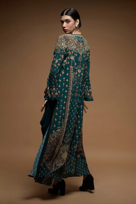 Nirraamyaa_Green Bemberg, Crepe Rhinestones Round Neck Teal Embellished Jacket Set _at_Aza_Fashions