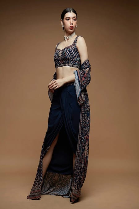 Nirraamyaa_Blue Bemberg, Crepe Rhinestones, Embroidery Round Designer Embellished Set _Online_at_Aza_Fashions