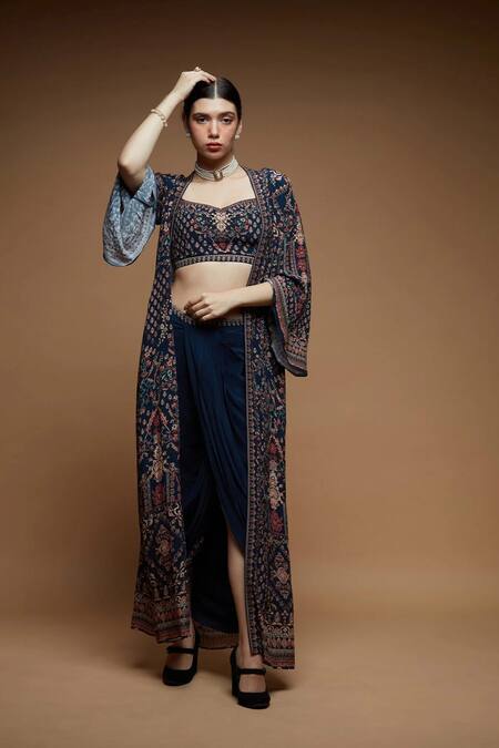 Buy_Nirraamyaa_Blue Bemberg, Crepe Rhinestones, Embroidery Round Designer Embellished Set _Online_at_Aza_Fashions