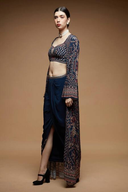 Shop_Nirraamyaa_Blue Bemberg, Crepe Rhinestones, Embroidery Round Designer Embellished Set _Online_at_Aza_Fashions