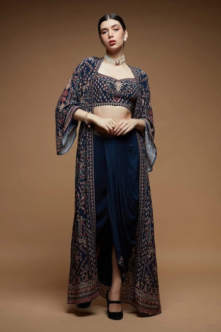Nirraamyaa Blue Bemberg, Crepe Rhinestones, Embroidery Round Designer Embellished Set 