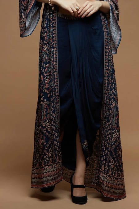 Nirraamyaa_Blue Bemberg, Crepe Rhinestones, Embroidery Round Designer Embellished Set _at_Aza_Fashions