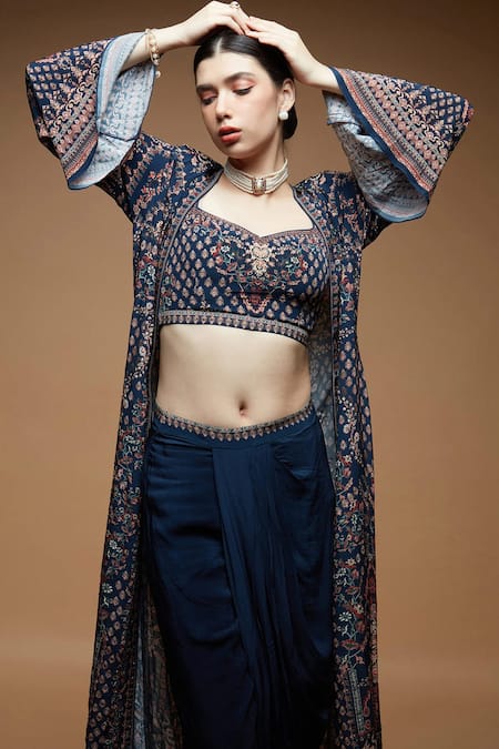 Buy_Nirraamyaa_Blue Bemberg, Crepe Rhinestones, Embroidery Round Designer Embellished Set 