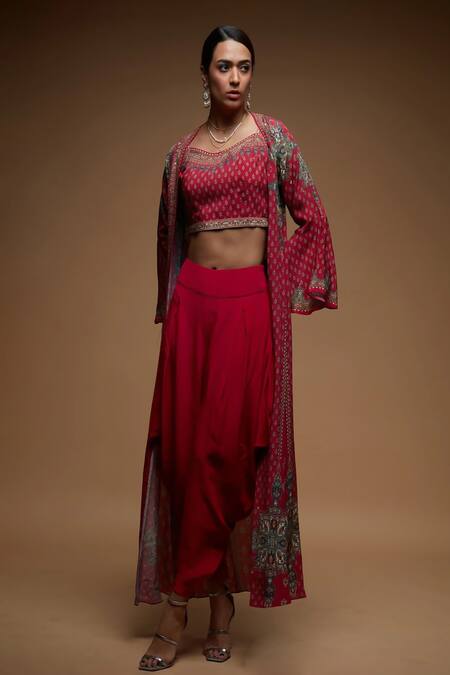 Nirraamyaa_Fuchsia Bemberg, Crepe Rhinestones Square Neck, Open Fuschia Work Jacket Set _Online_at_Aza_Fashions