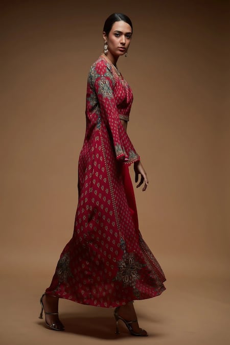 Buy_Nirraamyaa_Fuchsia Bemberg, Crepe Rhinestones Square Neck, Open Fuschia Work Jacket Set _Online_at_Aza_Fashions