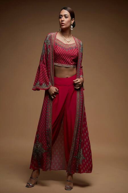 Nirraamyaa_Fuchsia Bemberg, Crepe Rhinestones Square Neck, Open Fuschia Work Jacket Set _at_Aza_Fashions