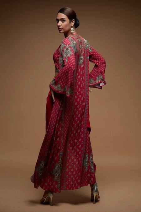 Buy_Nirraamyaa_Fuchsia Bemberg, Crepe Rhinestones Square Neck, Open Fuschia Work Jacket Set 