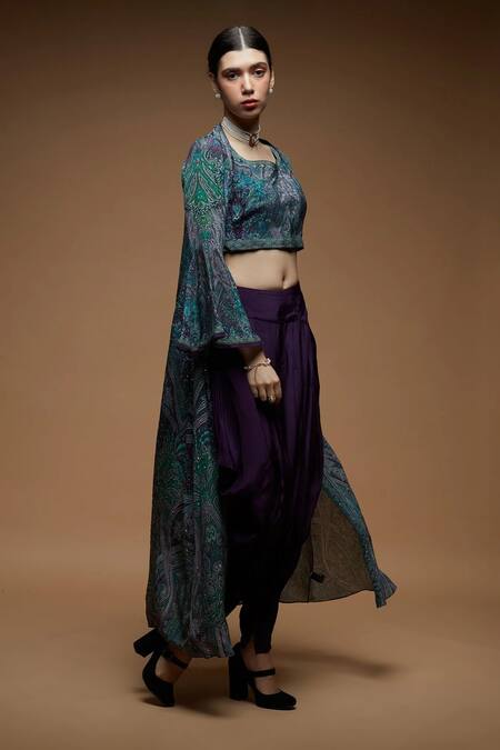 Nirraamyaa_Green Bemberg, Crepe Rhinestones Round Neck Teal Work Blouse Pant Jacket Set _Online_at_Aza_Fashions