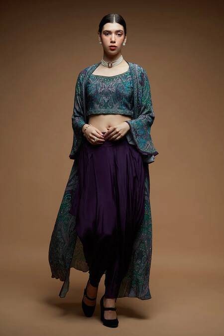 Shop_Nirraamyaa_Green Bemberg, Crepe Rhinestones Round Neck Teal Work Blouse Pant Jacket Set _Online_at_Aza_Fashions