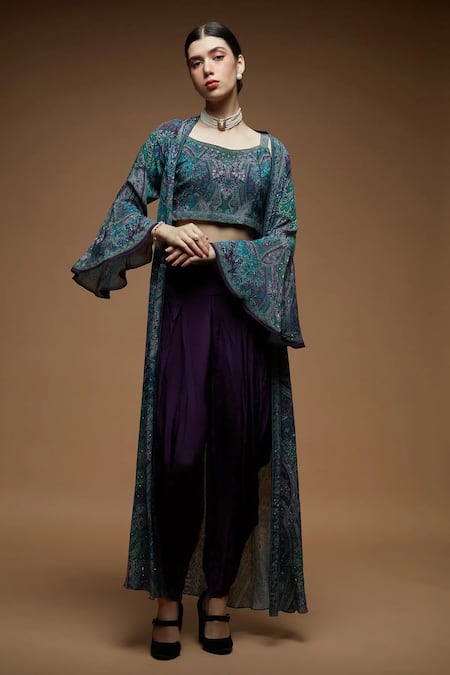 Nirraamyaa Green Bemberg, Crepe Rhinestones Round Neck Teal Work Blouse Pant Jacket Set 